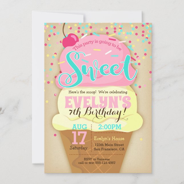 Eiscreme-Party Einladung - Girl Birthday Einladung (Vorderseite)