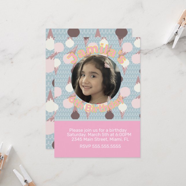 Eiscreme-Party Geburtstags-Foto Einladung (Vorderseite/Rückseite Beispiel)