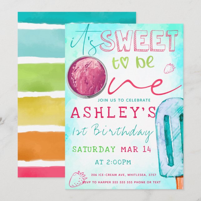 Eiscreme Party zum ersten Geburtstag Einladung (Vorne/Hinten)