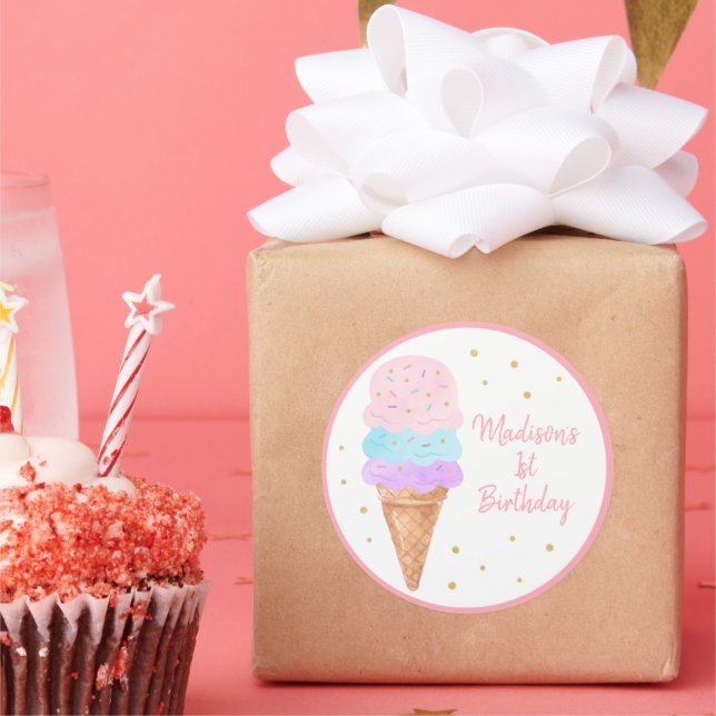 Eiscreme Pink Gold Rainbow Birthday Runder Aufkleber (Party)