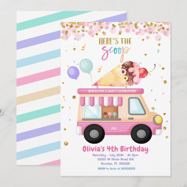 Eiscreme Pink Truck Sweet Time Birthday  Einladung (Vorne/Hinten)