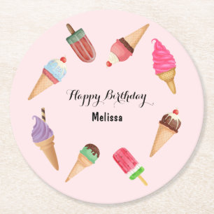 Eiscreme-Popsicle-Party-Rosa-Papier-Unterlage Runder Pappuntersetzer