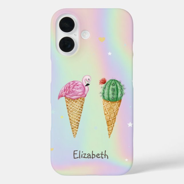 Eiscreme Rosa Flamingos Cactus Holographic iPhone 16 Hülle (Rückseite)