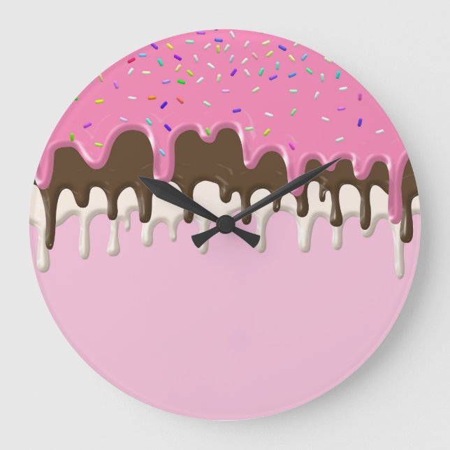 Eiscreme Rosa Zuckerguss Sprinklen Tropfen Große Wanduhr (Vorderseite)