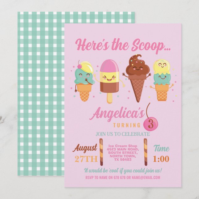 Eiscreme Scoop Shop Niedlich Girls Lolly Einladung (Vorne/Hinten)