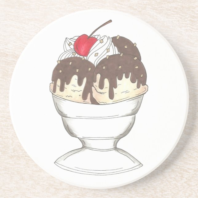 Eiscreme Shoppe Hot Fudge Sundae Dessert Cherry Sandstein Untersetzer (Vorne)