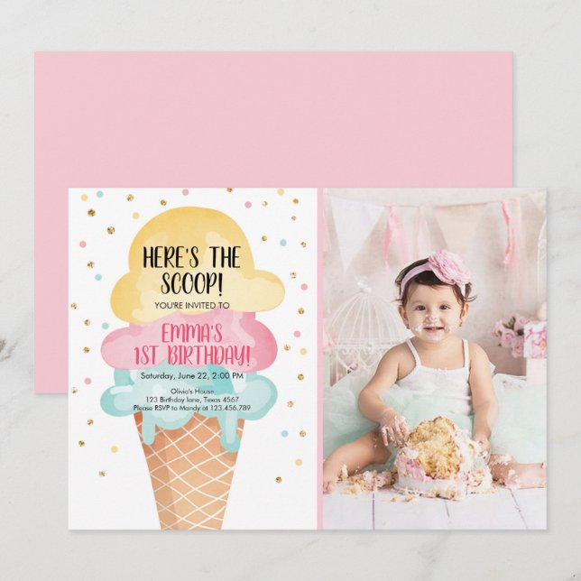 Eiscreme Social Hier ist der Scoop Pink Confetti Einladung (Vorne/Hinten)