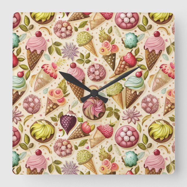 Eiscreme Spaß Quadratische Wanduhr (Vorderseite)