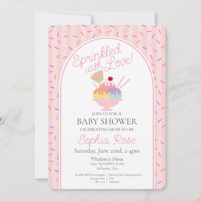 Eiscreme Sundae Sprinkler mit Liebe Baby Dusche Einladung (Vorderseite)