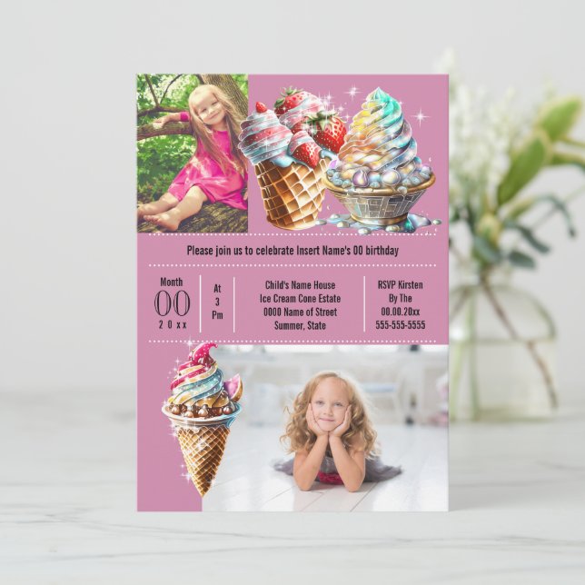 Eiscreme Süßigkeiten im Sommer DIY Foto Kinder lil Einladung (Stehend Vorderseite)