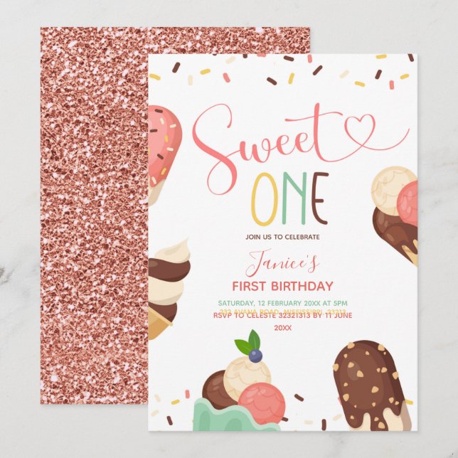 Eiscreme Sweet Ein erster Geburtstag Einladung (Vorne/Hinten)