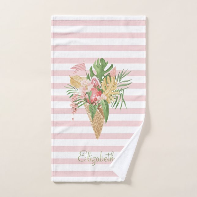 Eiscreme, tropische Blätter Obst, rosa Streifen Badhandtuch Set (Handtuch)