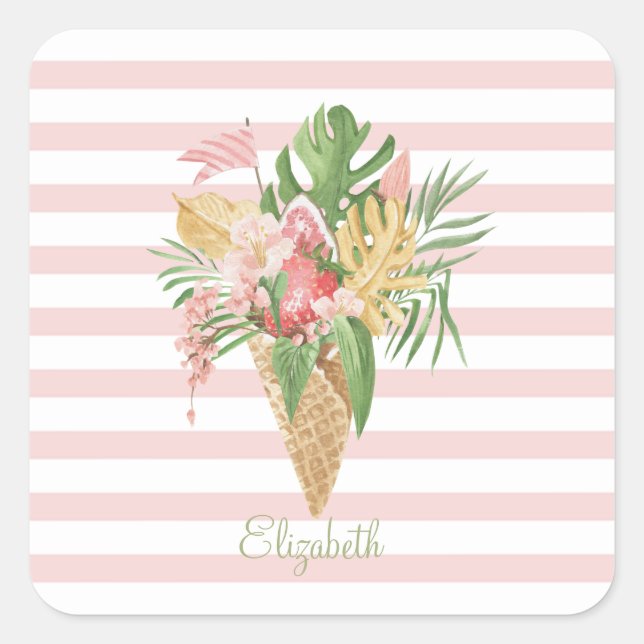 Eiscreme, tropische Blätter Obst, rosa Streifen Quadratischer Aufkleber (Vorderseite)