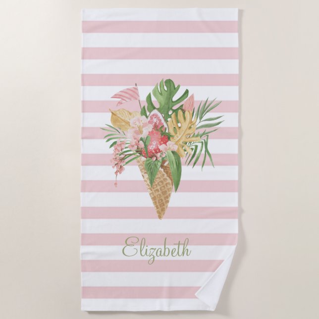 Eiscreme, tropische Blätter Obst, rosa Streifen Strandtuch (Vorderseite)