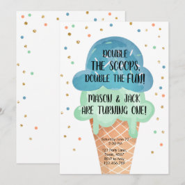 Eiscreme Twin Birthday Blue Mint Cone Confetti Einladung