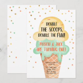 Eiscreme Twin Birthday Yellow Mint Cone Confetti Einladung