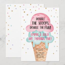 Eiscreme Twin Geburtstag Pink Mint Cone Confetti Einladung