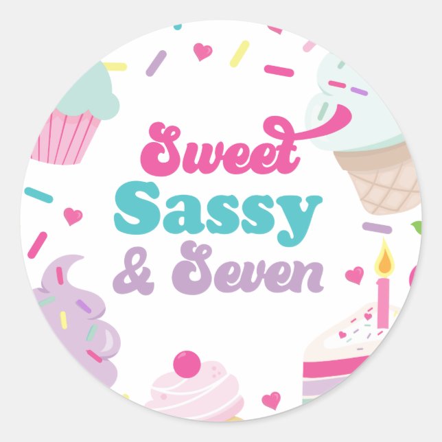 Eiscreme und Kuchen süße Sassy Sieben 7. Geburtsta Runder Aufkleber (Vorderseite)