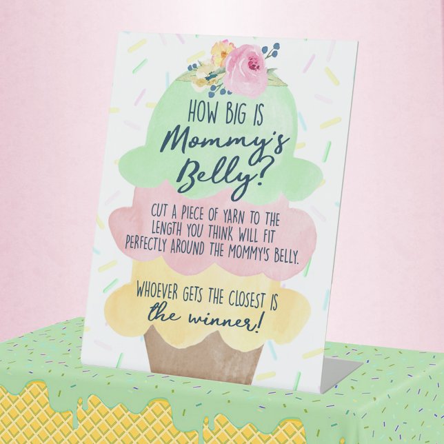 Eiscreme Wie groß ist Mama's Bauchduschenspiel Sockelschild (How Big is Mommy's Belly Ice Cream Baby Shower Game Pedestal Sign - Watercolor Ice Cream Sprinkle)