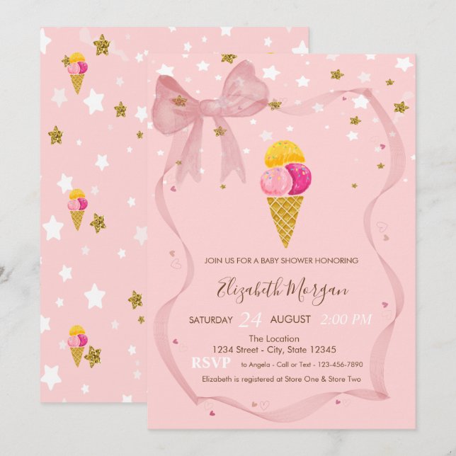 Eiscremes Stars Pink Bow Baby Dusche Einladung (Vorne/Hinten)