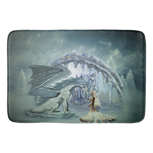 Eisdrache und Eisprinzessin in der Winterlandschaf Badematte (Vorderseite)