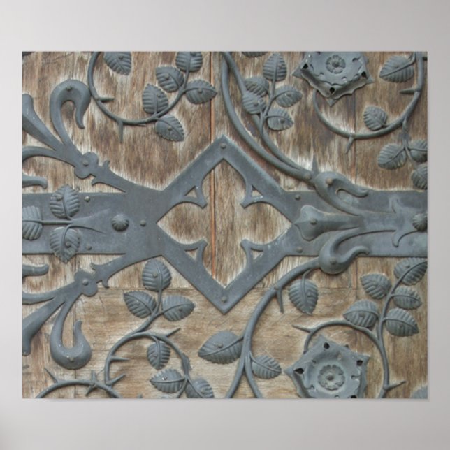 Eisen-Mittelalterliche Schleuse an der Holztür Poster (Vorne)