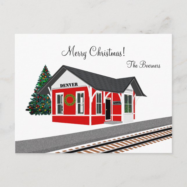 Eisenbahnbahnhof Frohe Weihnachtsfeiertage Feiertagspostkarte (Vorderseite)