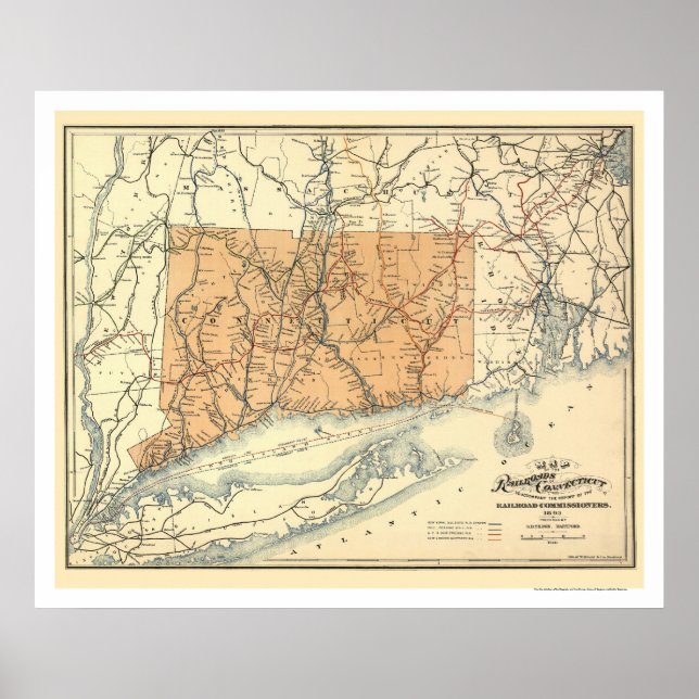 Eisenbahnkarte Connecticut 1893 Poster (Vorne)