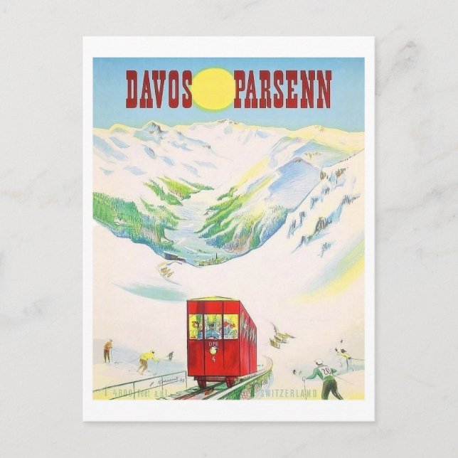 Eisenbahnstrecke Davos Parsenn, Roter Zug, Vintage Postkarte (Vorderseite)