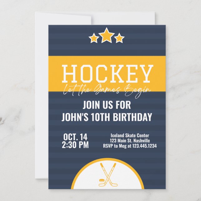 Eishockey Geburtstag Blauer Gelber Streifen Einladung (Vorderseite)