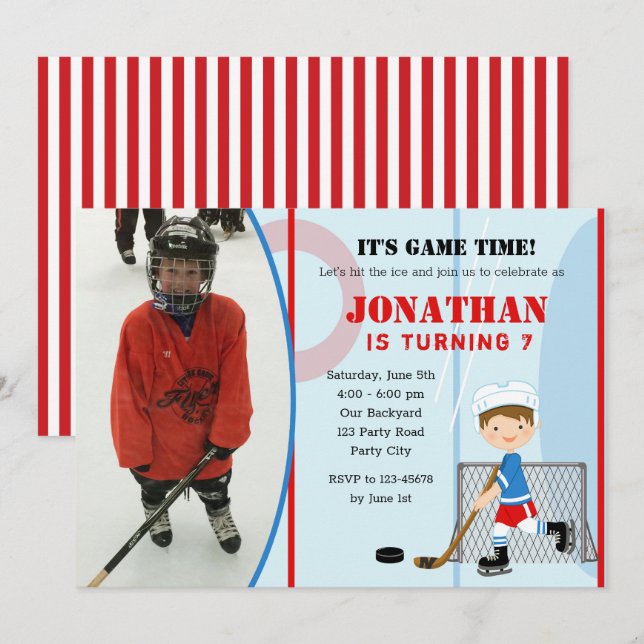 Eishockey Geburtstag Einladungen Foto Boy Brünett (Vorne/Hinten)