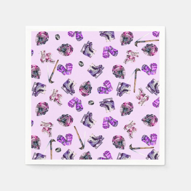Eishockey Ice-Skaten Girls Rosa Lila Geburtstag Serviette (Vorderseite)