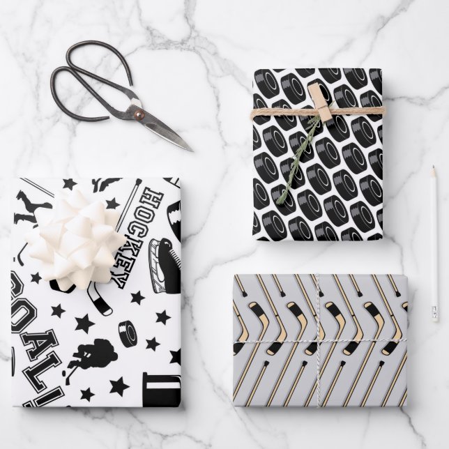 Eishockey Muster Pucks Sticks Spielspiel Geschenkpapier Set (Vorderseite)