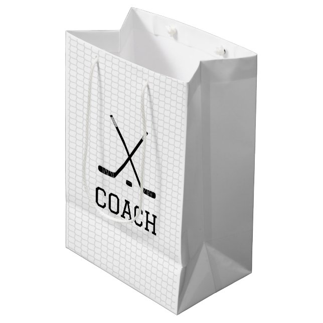 Eishockey Sticks Puck Net Team Trainer Mittlere Geschenktüte (Vorderseite Schrägansicht)