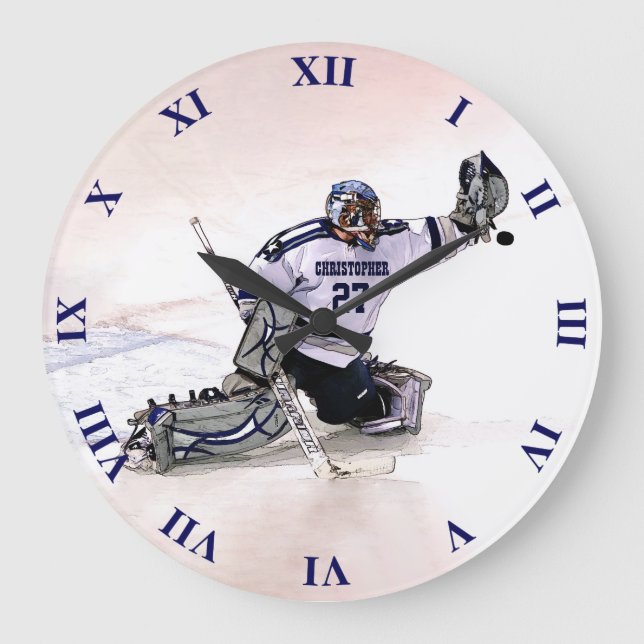 Eishockey-Torhüter mit Zeichnend Namen Große Wanduhr (Vorderseite)