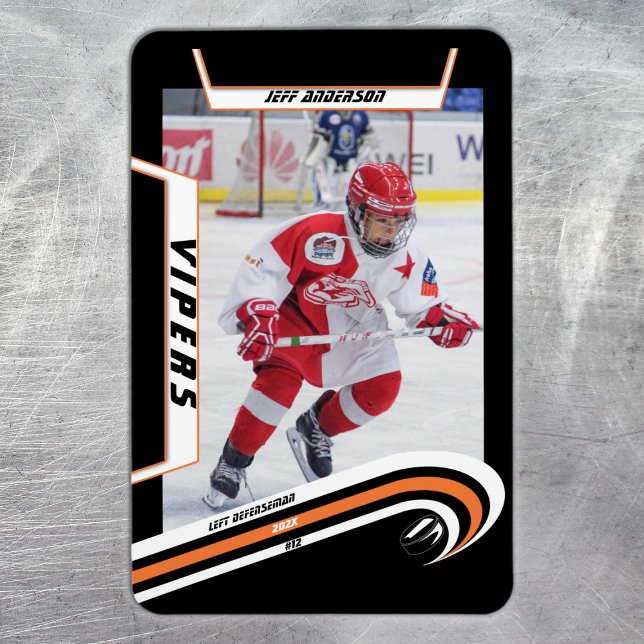 Eishockeyspieler in lebendig orangefarbenem Schwar Magnet (Ice Hockey: Vibrant orange jersey magnet featuring customizable player image, logo, and number.)