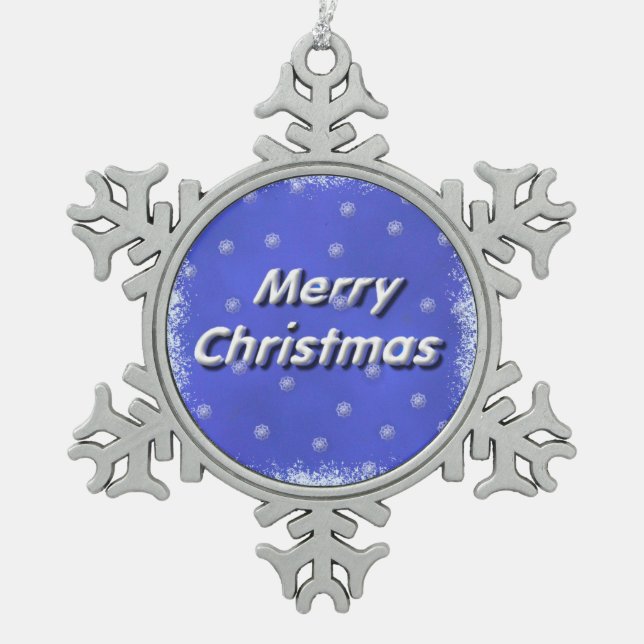 Eisige frohe Weihnachten des Schnee-3D Schneeflocken Zinn-Ornament (Vorderseite)