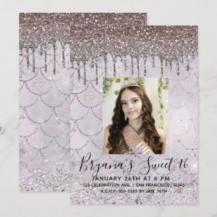 Eisige Rosa Roségold Glitter-Tropf Süße 16 Foto Einladung