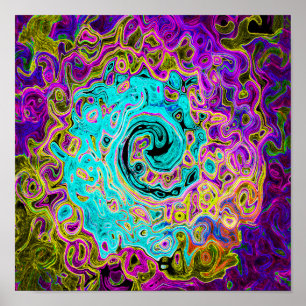 Eisiges Aqua-Blau Groovy Abstrakt Retro Flüssigkei Poster
