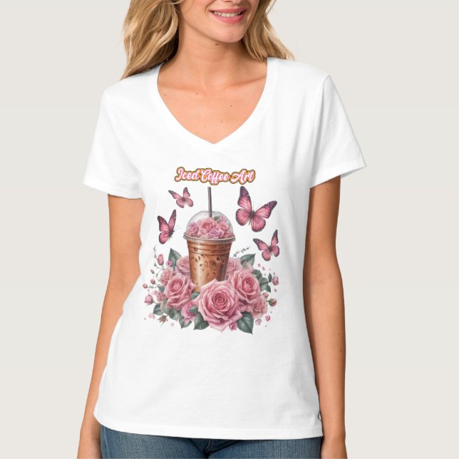 Eiskaffee mit rosa Rosen T - Shirt (Vorderseite)