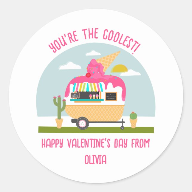 Eiskrem LKW Rosa Klassenzimmer Valentine Runder Aufkleber (Vorderseite)