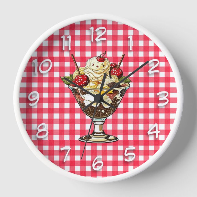 Eiskrem Sonntag mit Kirschen rot kariert Uhr (Vorderseite)