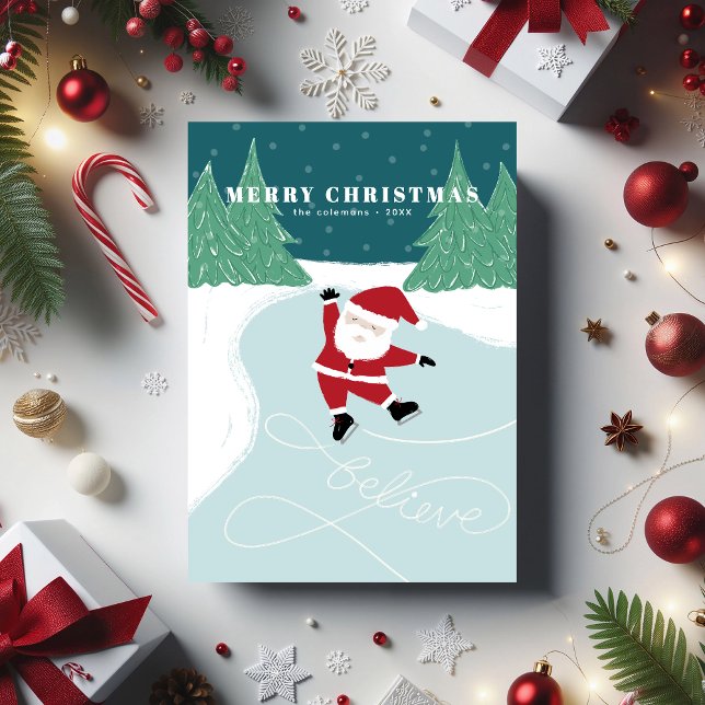 Eislauf-Weihnachtsmann - Nicht-Foto-Weihnachtskart Feiertagskarte (Flat Christmas card with Santa ice-skating on a lake. Illustrated by Clearlytangled Studio.)