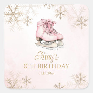 Eislaufen zum Geburtstag Pink Gold Glitter Schneef Quadratischer Aufkleber