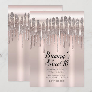 Eisrosa Roségold-Diamant-Glitter-Drip Sweet 16 Einladung