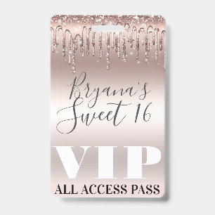 Eisrosa Roségold Glittertropfen Sweet 16 VIP-Pass Ausweis