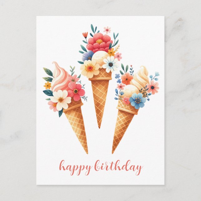 Eisüten mit Blumen- happy birthday- Aquarell Postkarte (Vorderseite)