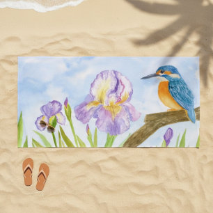 Eisvogel mit lila Schwertlilien im Wasserfarbensti Strandtuch