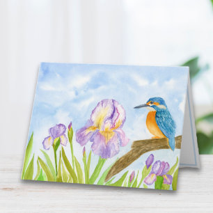 Eisvogel mit violetten Schwertlilien in Aquarell 