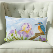 Eisvogel mit violetten Schwertlilien in Aquarell 